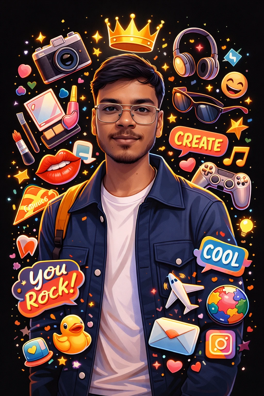 semi-realistic digital portrait  young man illustration  pop-art sticker collage  colorful digital artwork  floating graphic elements  crown symbol above head  motivational text stickers